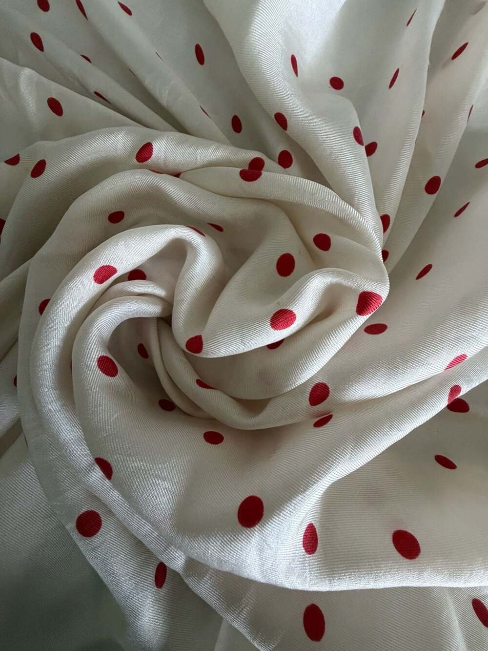 Vintage Ivory Silk Square Scarf with Red Polka Dots and Rolled Hem